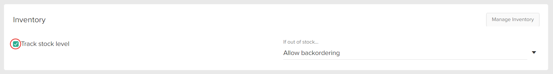 Callout of the "Track stock level" toggle in inventory settings