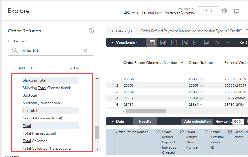 An Explore page with the field menu open to show a list of standard and transactional totals