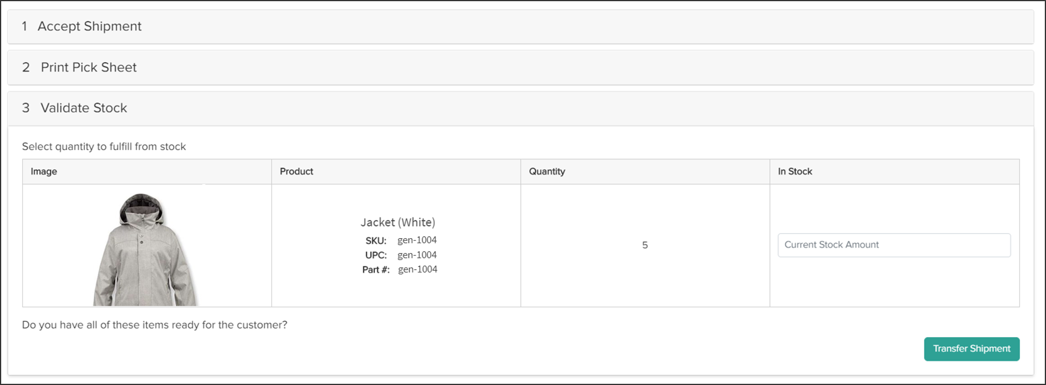 Example of the Validate Stock step for a pickup order