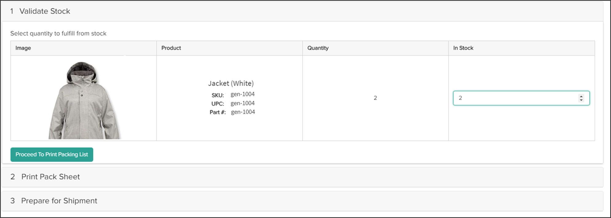Examples of the completed Validate Stock step and the Proceed button