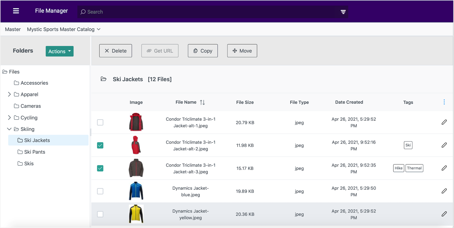 The File Manager with several folders and image files