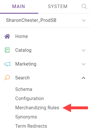 Merchandizing Rules in the navigation sidebar
