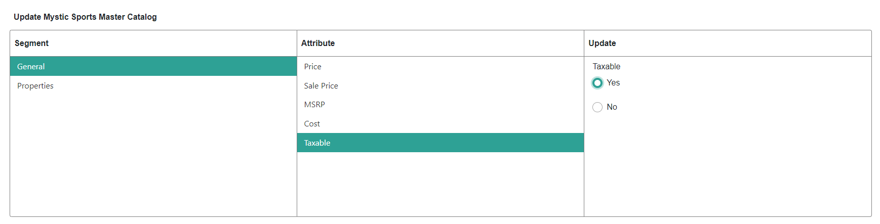 The module to select a segment, attribute, and update the yes or no value
