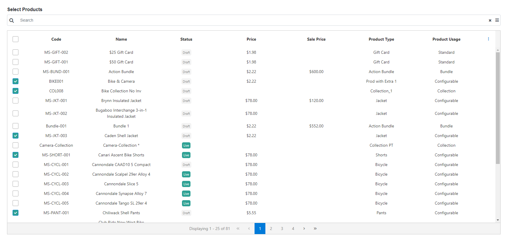 Close-up of the Select Products step of the Update Attributes form