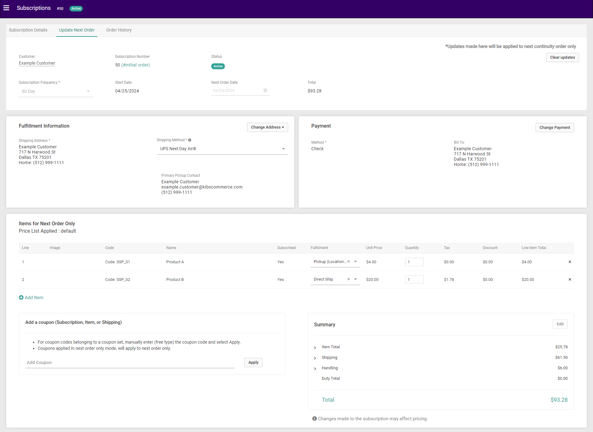 The Update Next Order tab of a subscription
