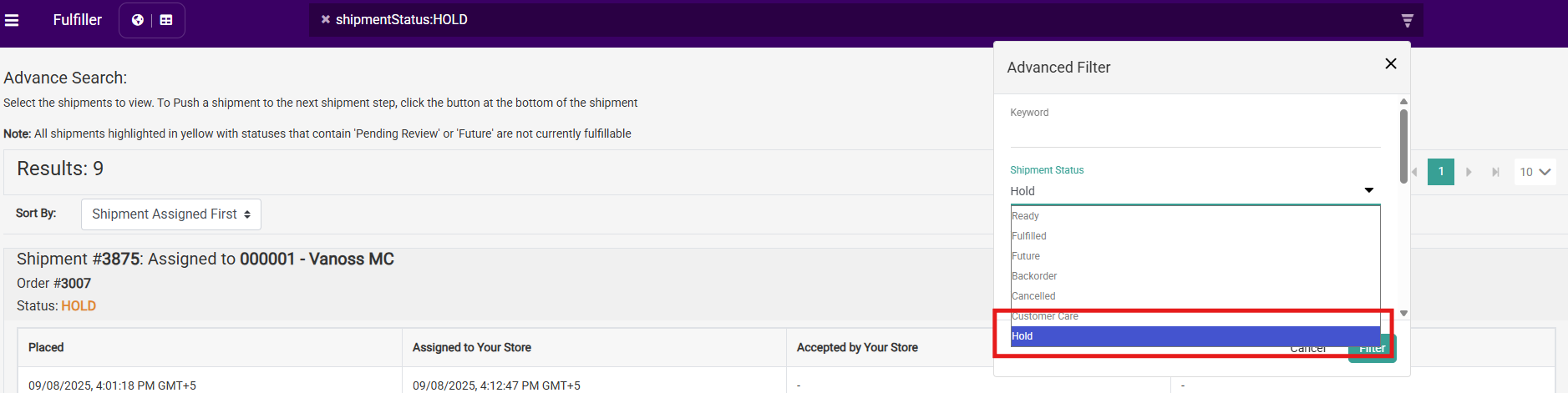 Advance Filter Shipment Hold Status