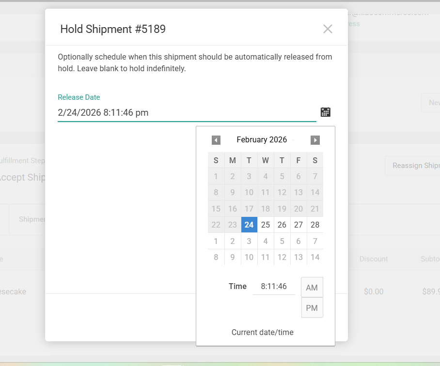 Hold Shipment Datepicker