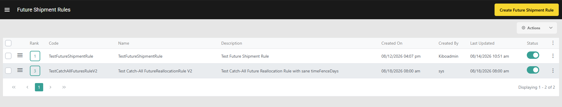 Future Shipment Rules List Page