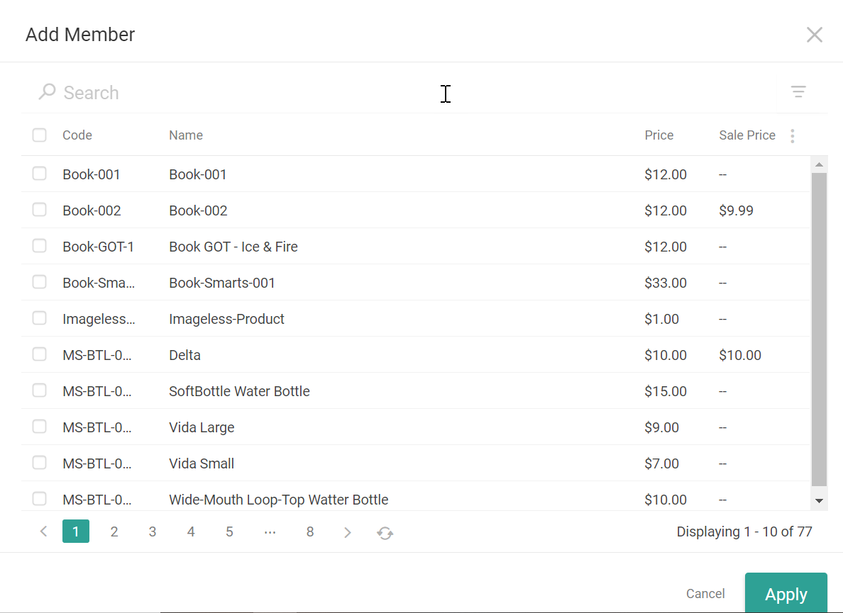 The Add Member module with a list of available products