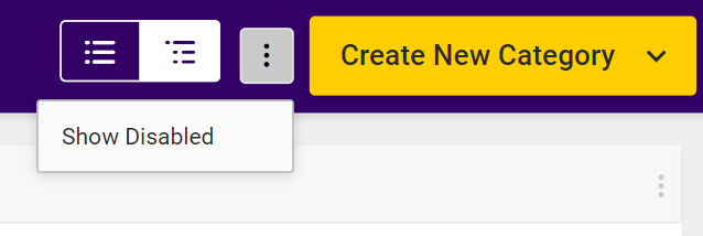 Close-up of the Categories page header showing the drop-down option for Show Disabled