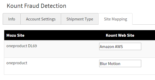 The Site Mapping tab of the Kount configuration module