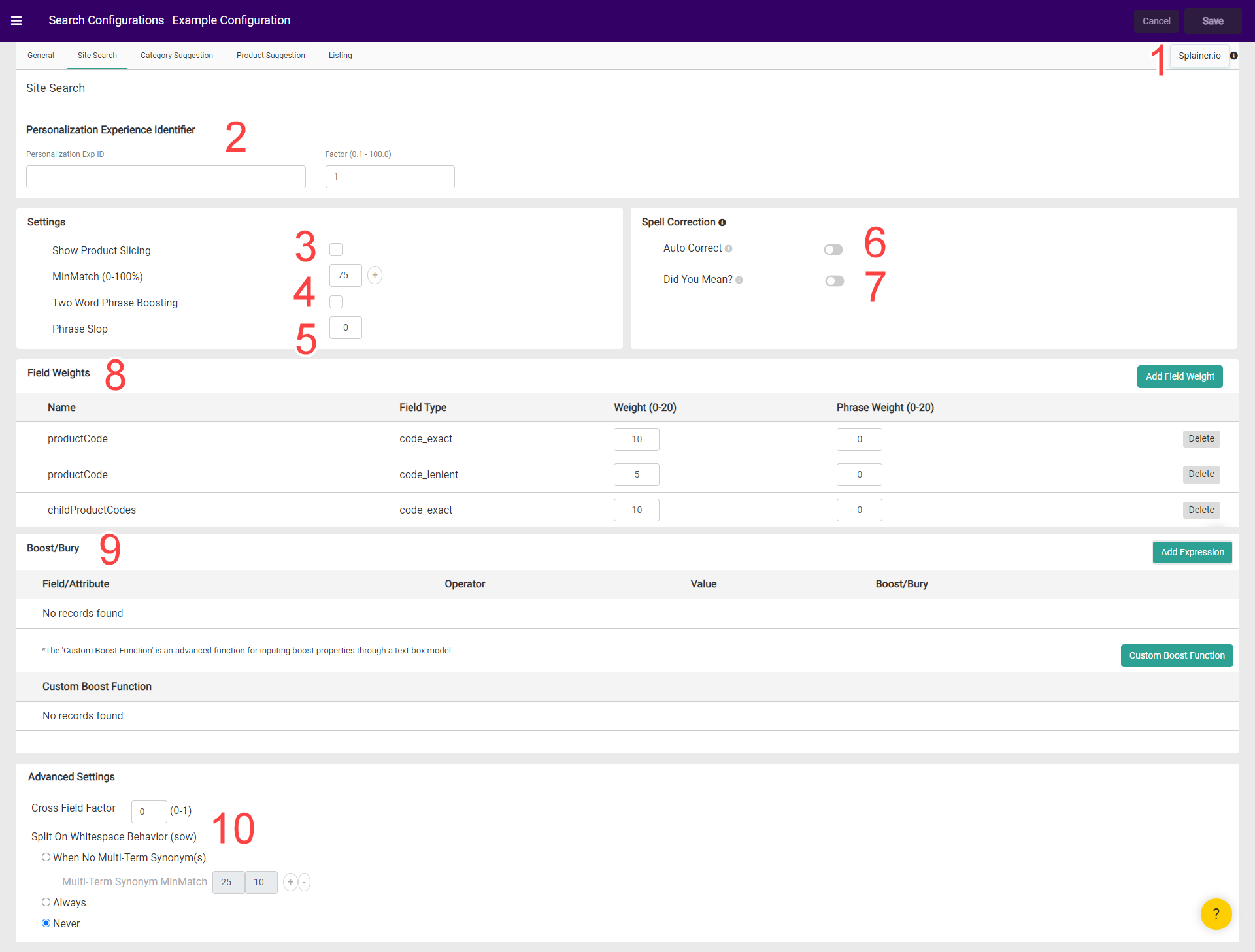 Screenshot of the Site Search with numbered options