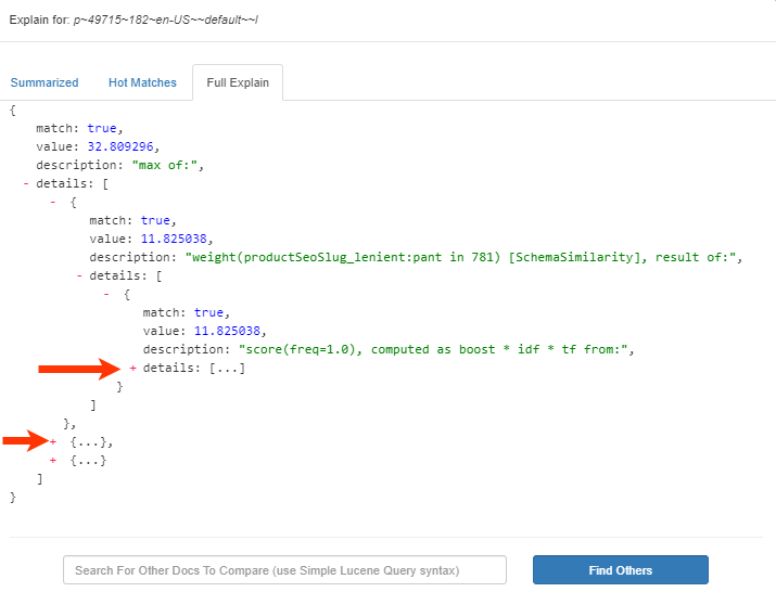 Splainer Full Explain results with arrows pointing to the expand buttons