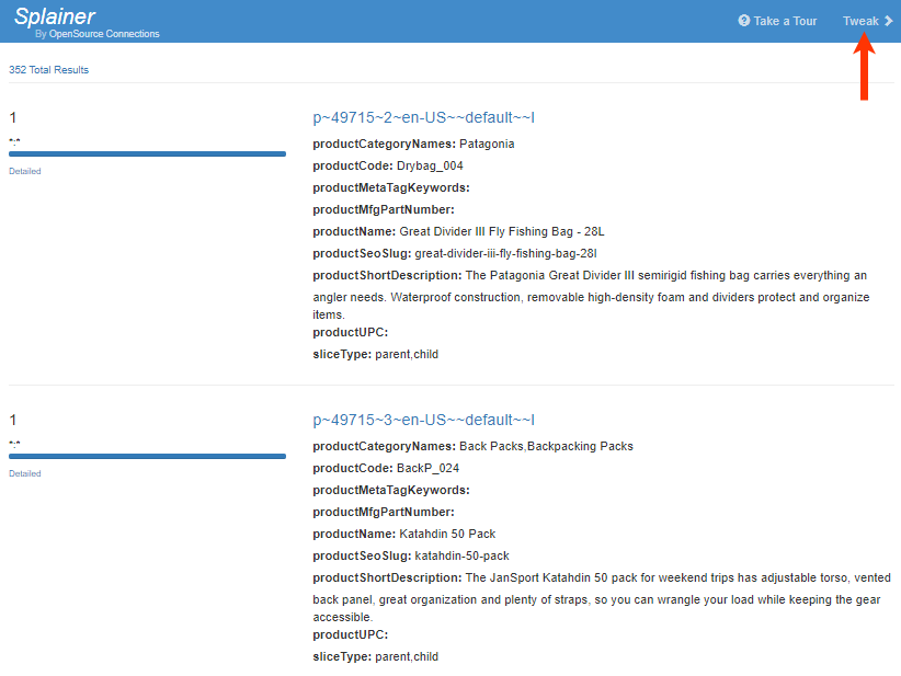 Splainer initial results page with an arrow pointing to the Tweak button