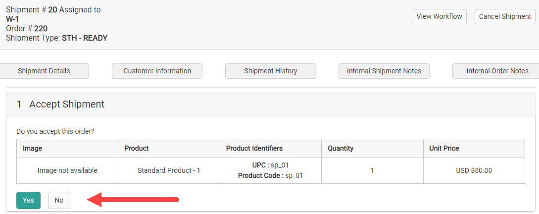 The Accept Shipment step with a callout for the Yes and No buttons