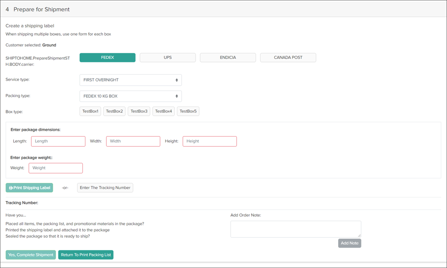 Example of the Prepare for Shipment step