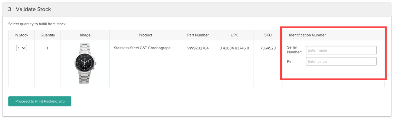 Example of the Validate Stock step