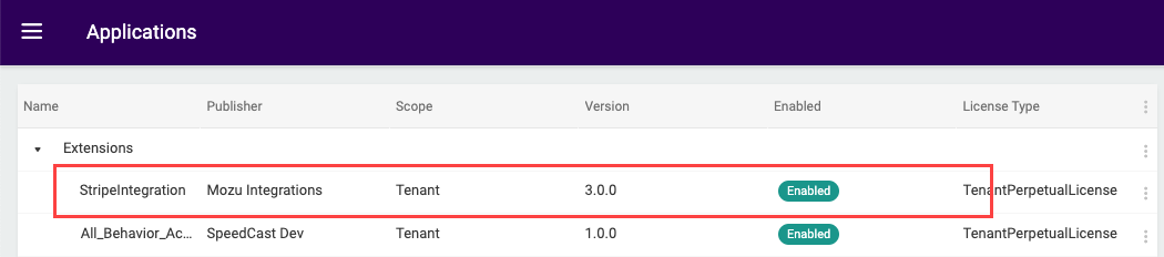 The Applications UI with a callout for the enabled StripeIntegration application