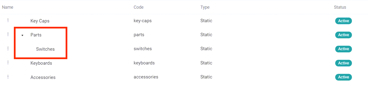Close-up of a category table with an parent category expanded to display a subcategory
