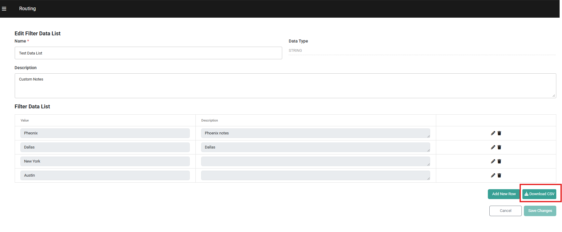 Download CSV button on edit data list page