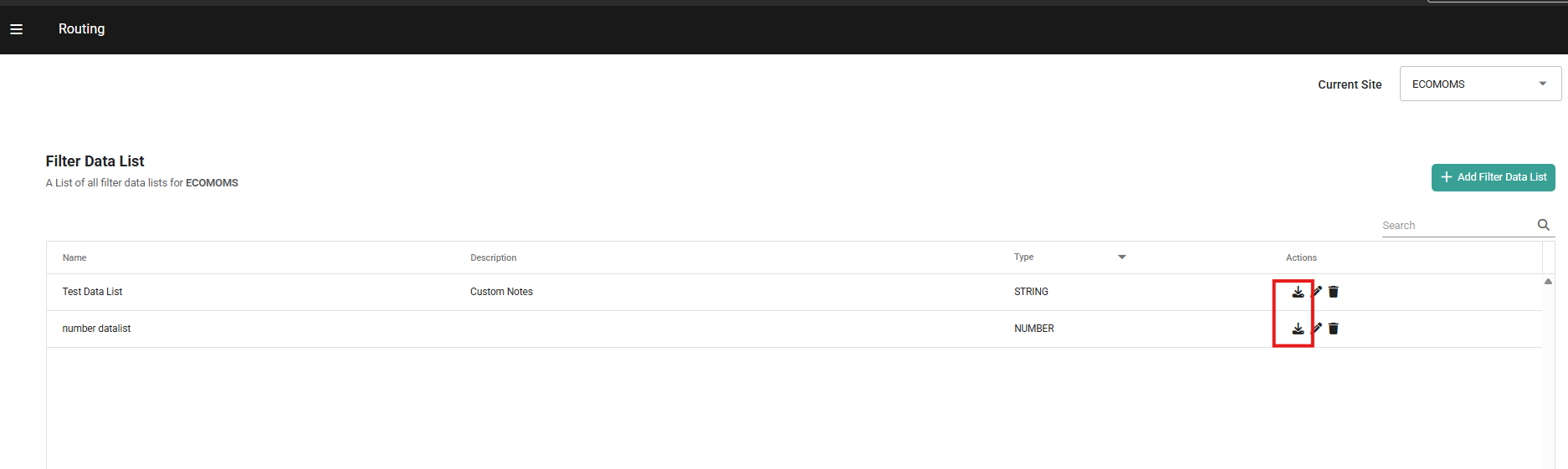 Download CSV on Data list page