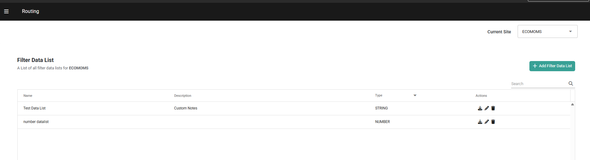 The Filter Data List page of the UI