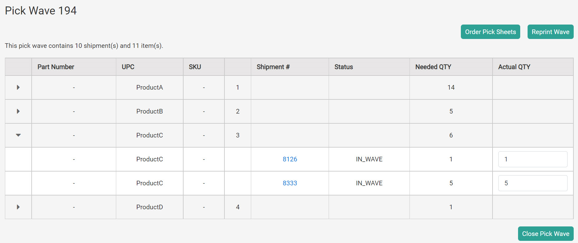 A pick wave with an expanded row of grouped items