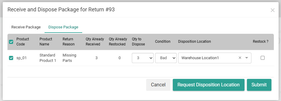 The Handle Package tab with a location selected