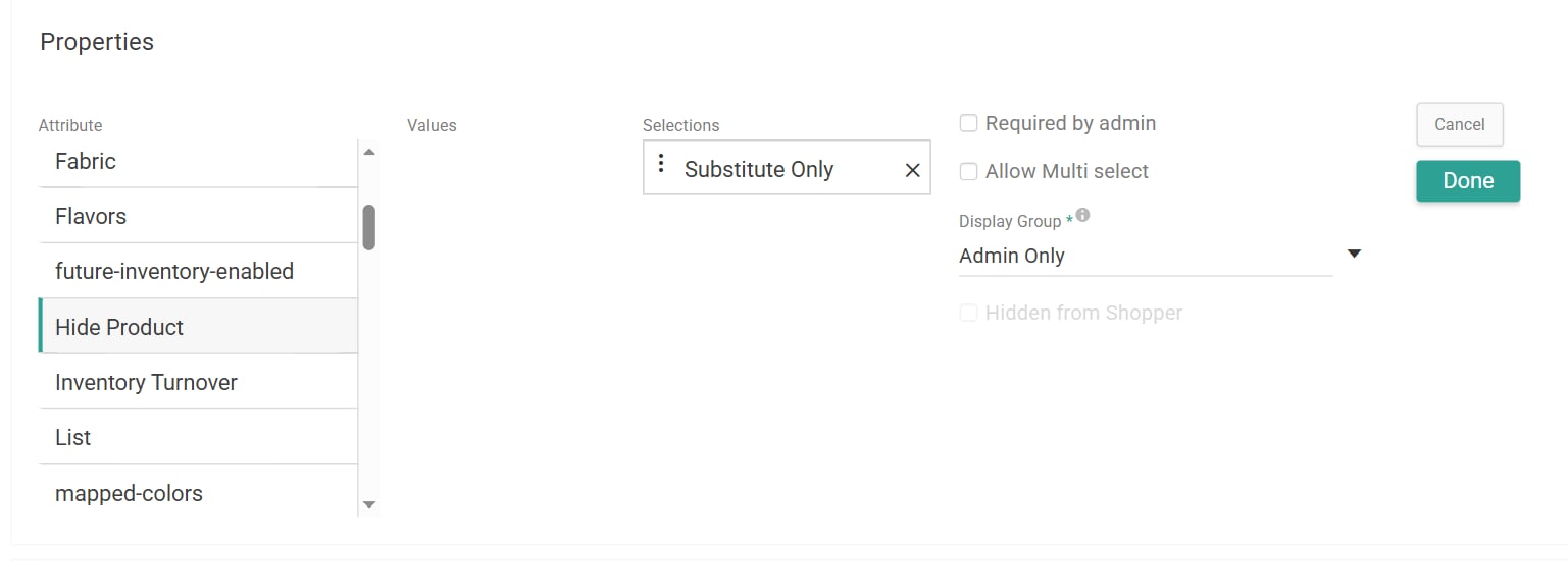 The Properties section of product type configurations with the Hide Product attribute selected
