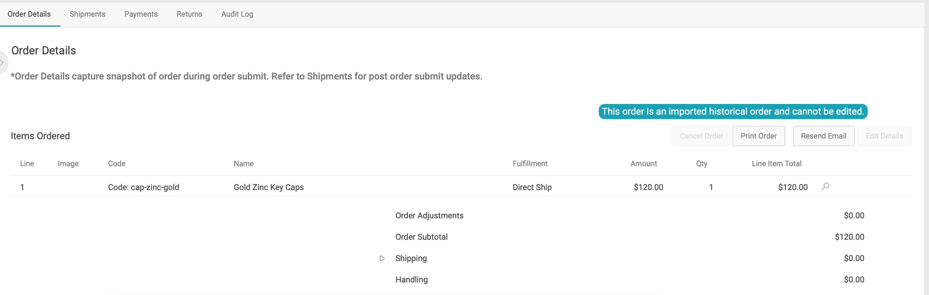 The order details page with a message stating that the order is an imported historical order and cannot be edited