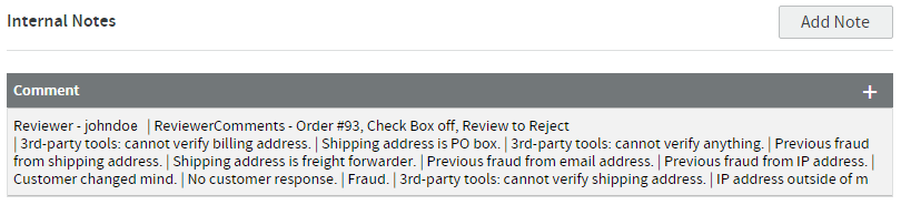 Example of internal notes in order details