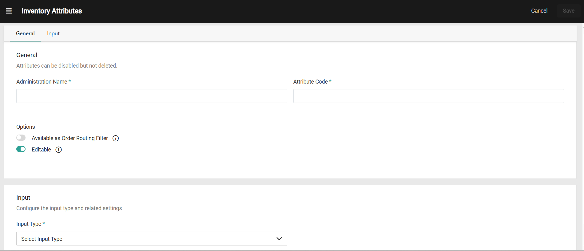 The Inventory Attribute Create page