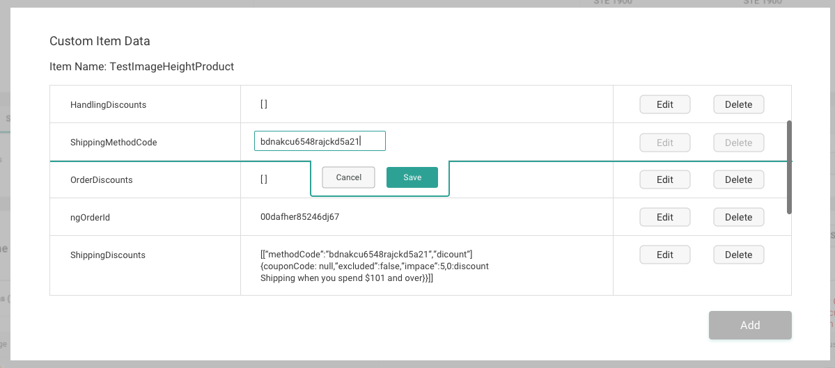 The shipment item custom data table, showing a data row being edited