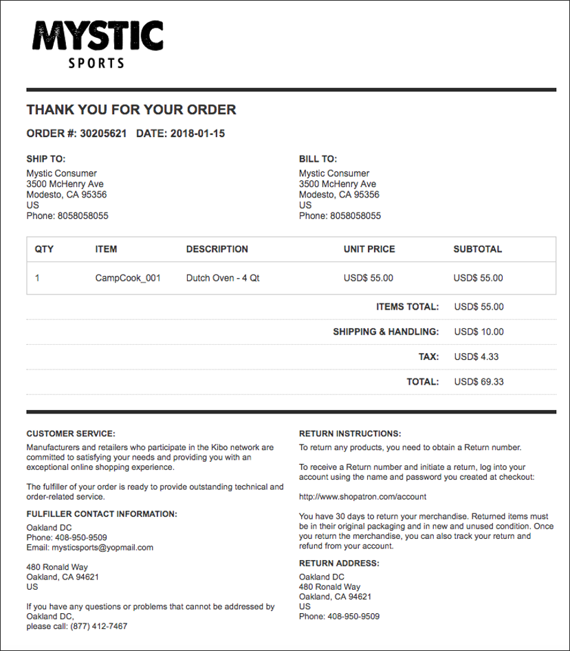 Example of a custom packing slip