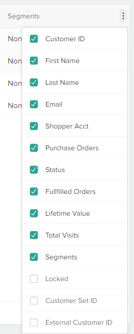 The drop-down menu with toggles for the grid columns