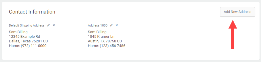 The Contact Information section with a callout for the Add New Address button
