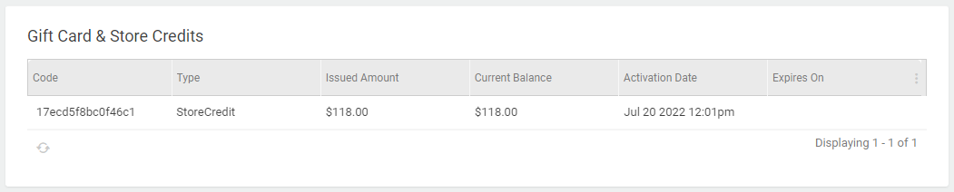 The Gift Card & Store Credit section of customer details