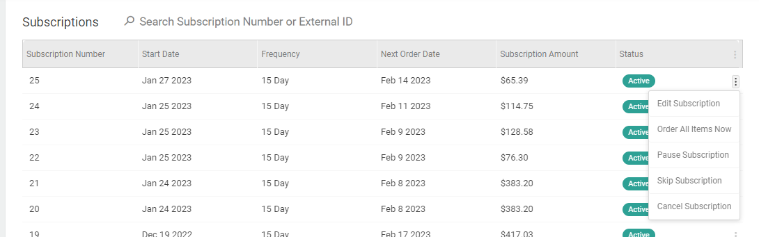 The Subscriptions section of customer details with a table of subscriptions and showing the drop-down menu of action options