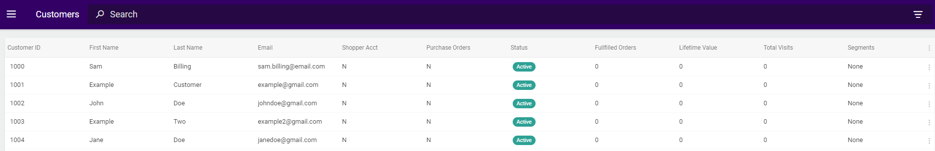 The customers homepage with example customers
