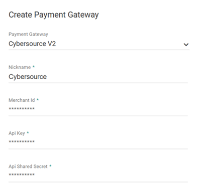 The payment gateway configurations for Cybersource