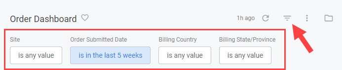 The top of the Order Dashboard with callouts for the filters and the button to toggle them