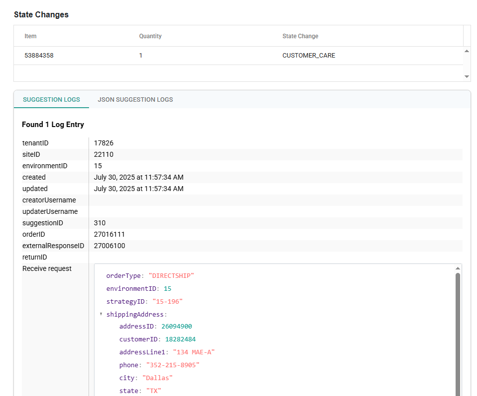 An example response of an order that went to Customer Care