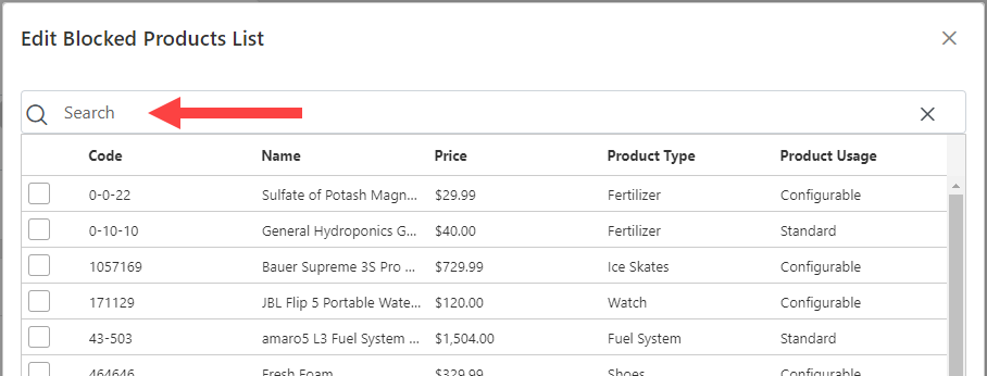 Screenshot of the blocked products list with an arrow pointing to the search field above the list