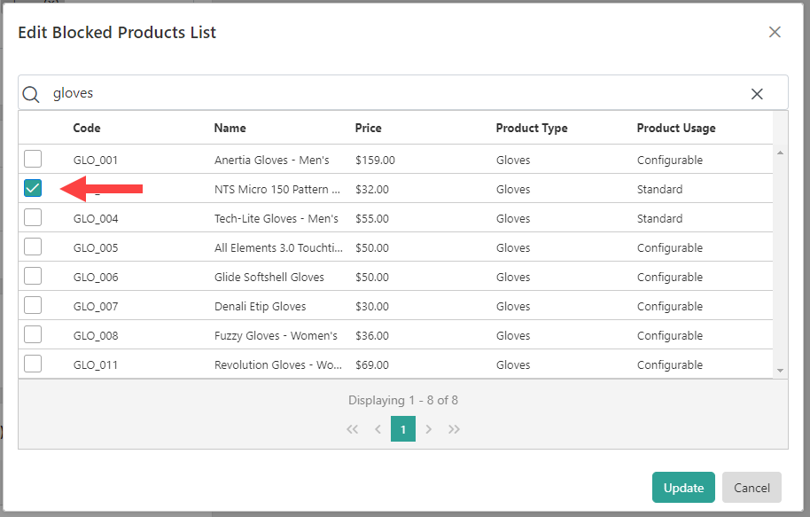 Screenshot of the blocked products list with an arrow pointing to a checked entry within the list