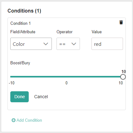 Setting the condition for merchandizing rules to boost items of red color