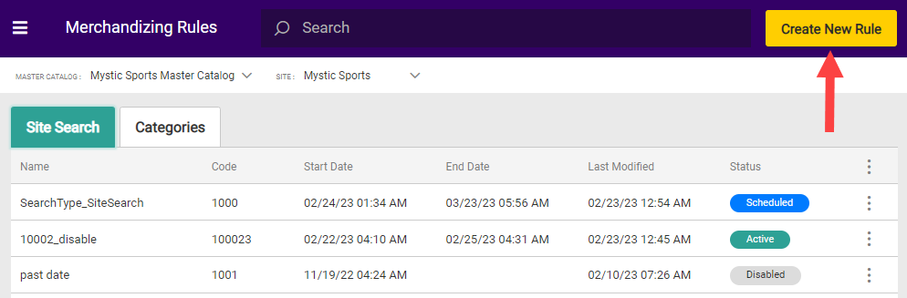 Screenshot of Merchandizing Rules with an arrow pointing to the Create New Rule button