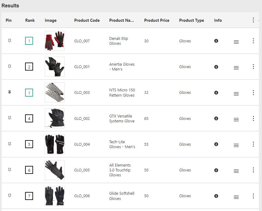 Results preview with manual ranking adjustment and pinning active