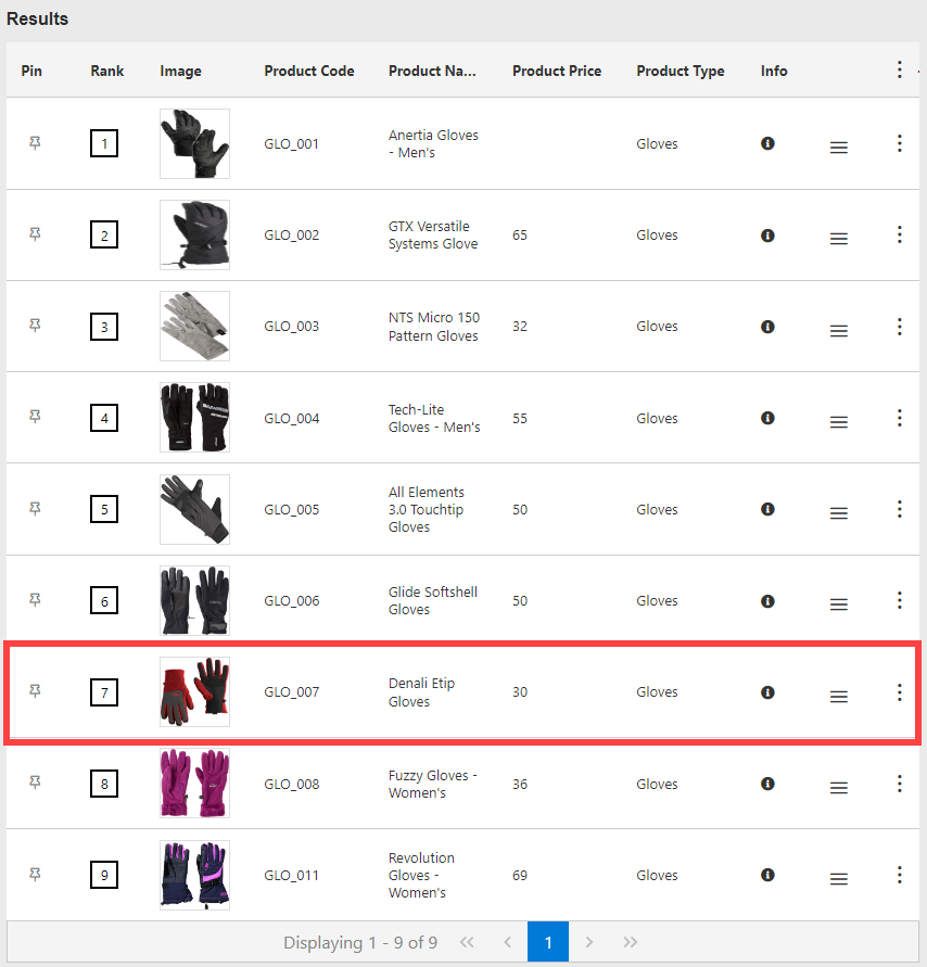 Screenshot of search results for gloves without any conditions