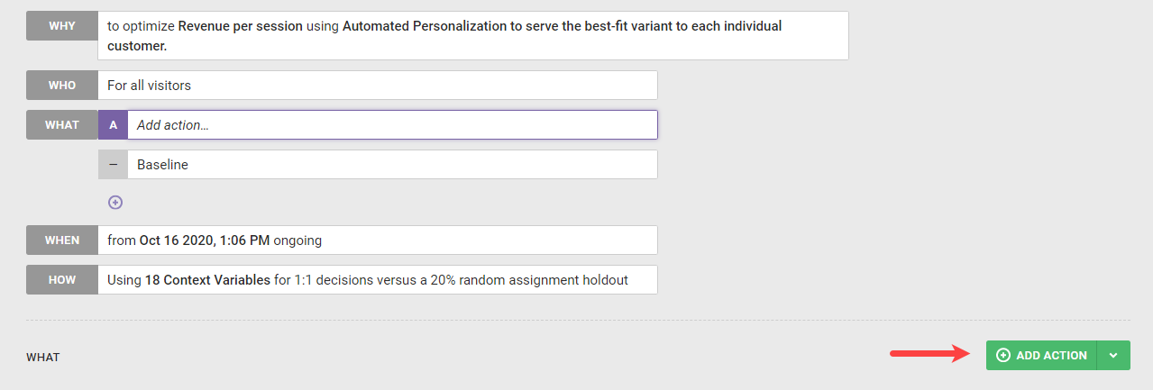 Screenshot of the Monetate web experience setup with an arrow pointing to the Add Action button