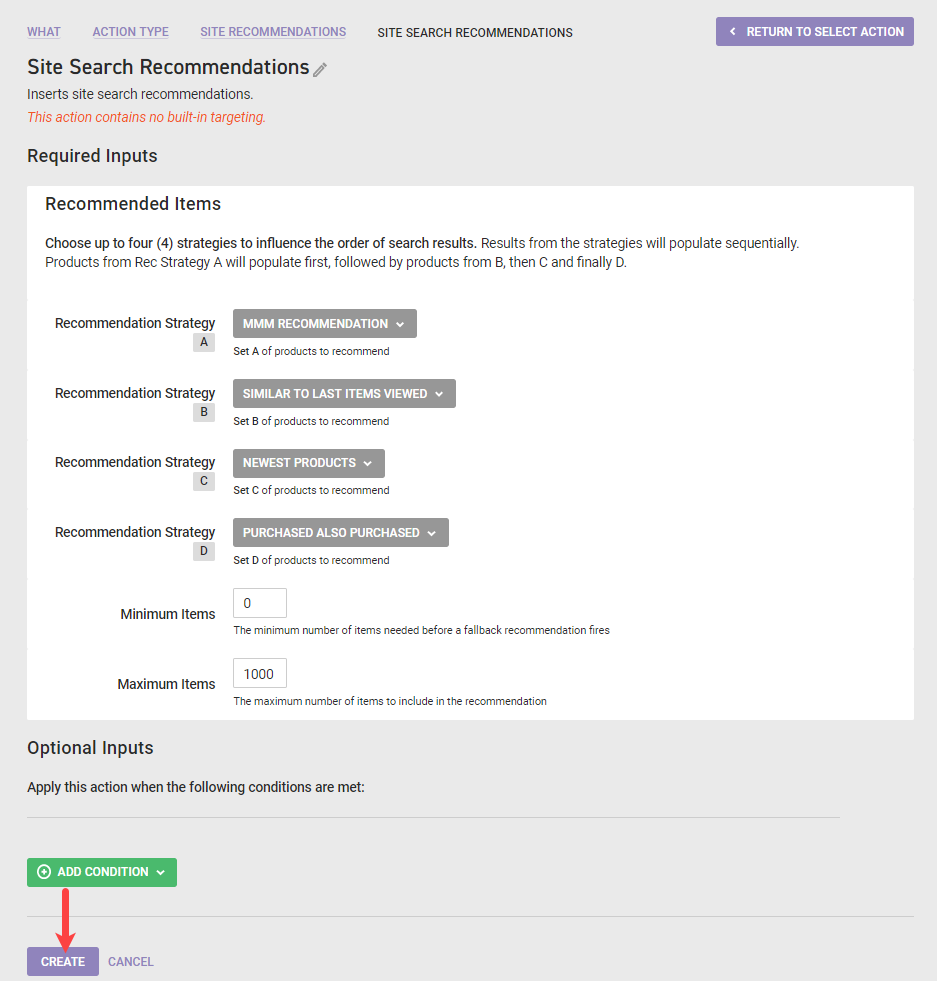 Screenshot of the Monetate Site Search Recommendations screen with an arrow pointing to the Create button
